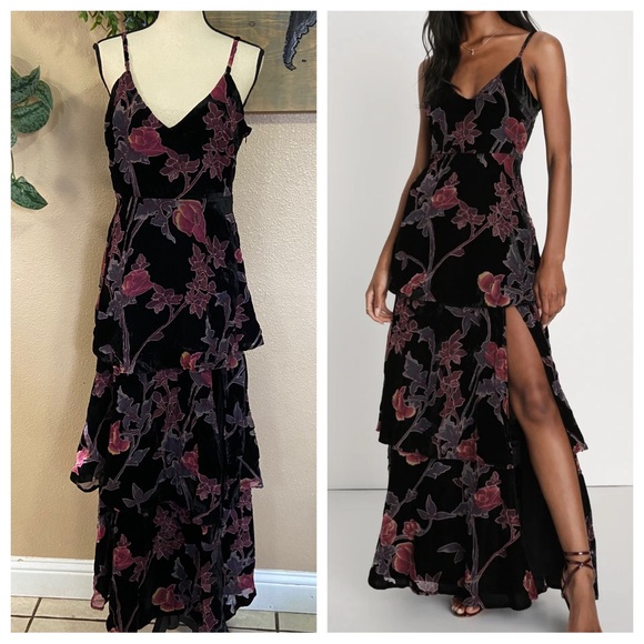 Lulus Dresses & Skirts - NWOT Lulus I Love You Amore Black Floral Velvet Tiered Maxi Dress